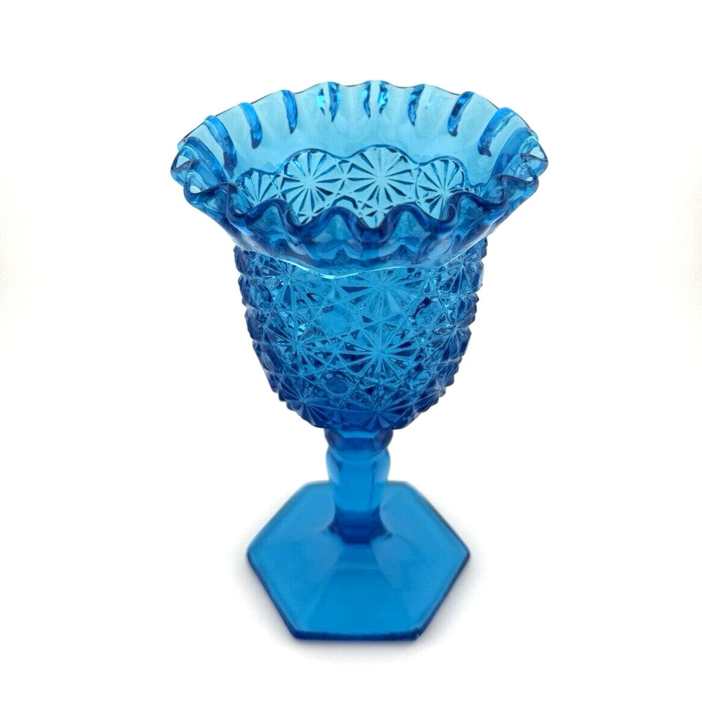 VTG MCM LE Smith Pressed Glass DAISY & BUTTON Blue Ruffled 6 1/2" Compote Vase